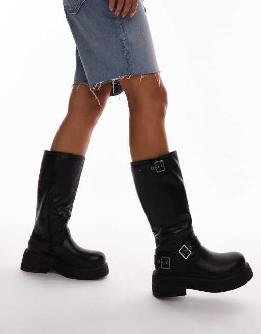 Topshop Roy chunky biker boots with hardware in black ASOS