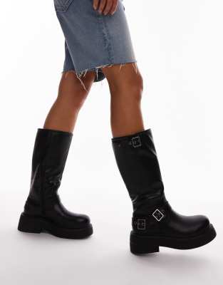 Topshop - Roy - Motorrad-Stiefel in Schwarz mit Metallbesatz und dicker Sohle