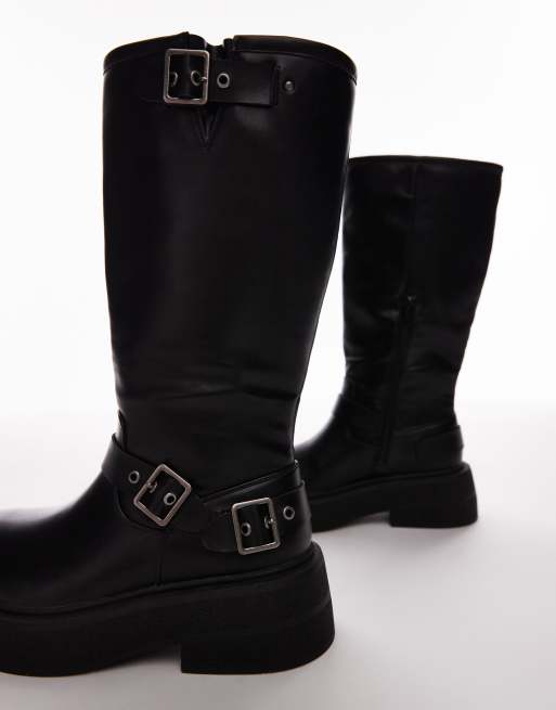 Topshop – Roy – Svarta grova bikerboots med metalldetaljer och bred passform, 3 av 4