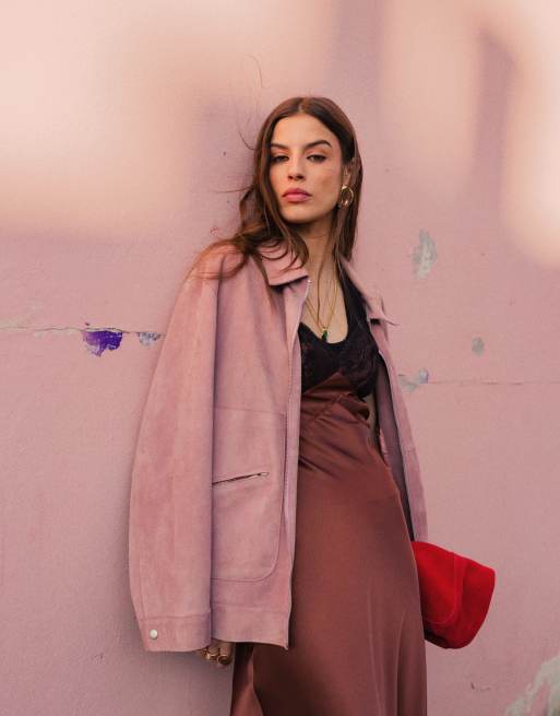 Topshop – Różowa kurtka zamszowa premium z ozdobnymi szwami, część zestawu