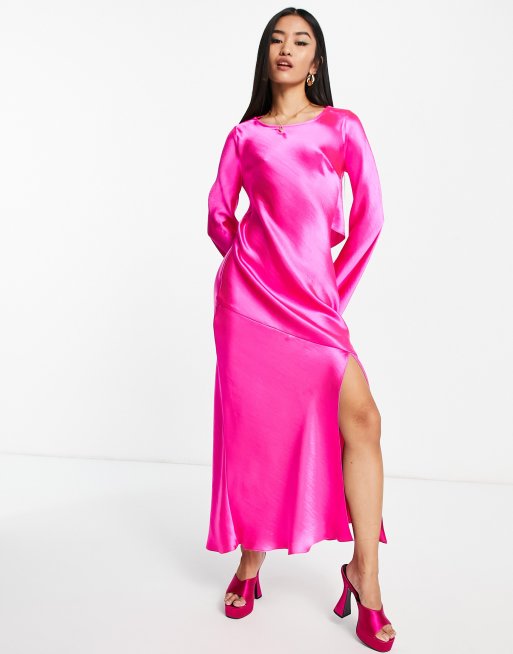 Topshop – Różowa satynowa sukienka wyjściowa midi z falbanką z tyłu
