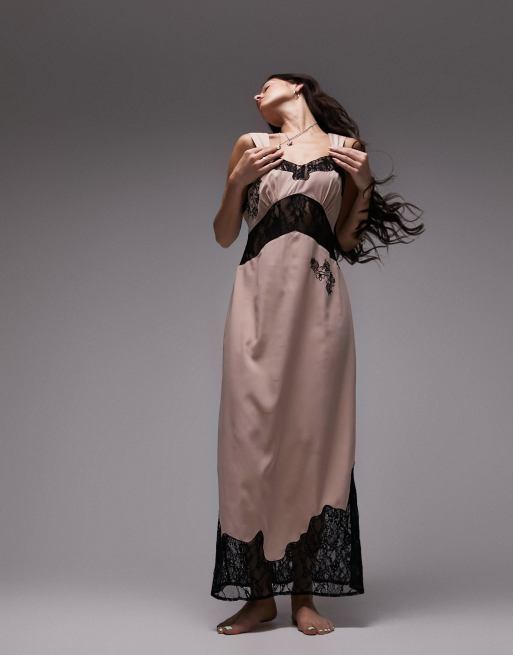 Topshop – Różowa sukienka maxi na ramiączkach z koronkową wstawką i haftem