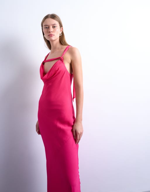 Topshop – Różowa sukienka midi z głębokim drapowanym dekoltem i ozdobnymi węzłami przy dekolcie