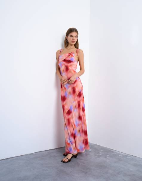 Topshop off shoulder midi dress in abstract pink print