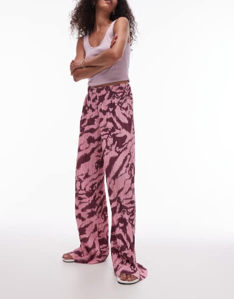 Topshop crinkle zebra print wide leg trousers in pink