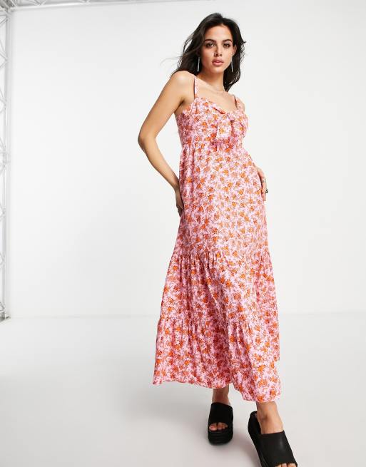 Topshop – Różowo-czerwona sukienka bawełniana midi w kwiaty, z kokardką – RED