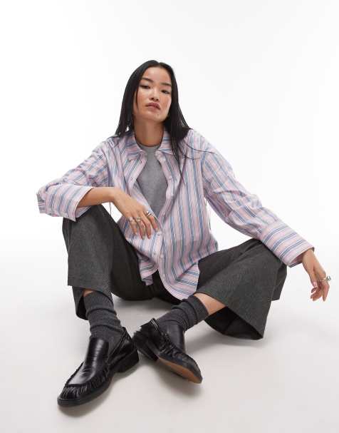 Topshop – Różowo-niebieska koszula oversize w paski - view 1