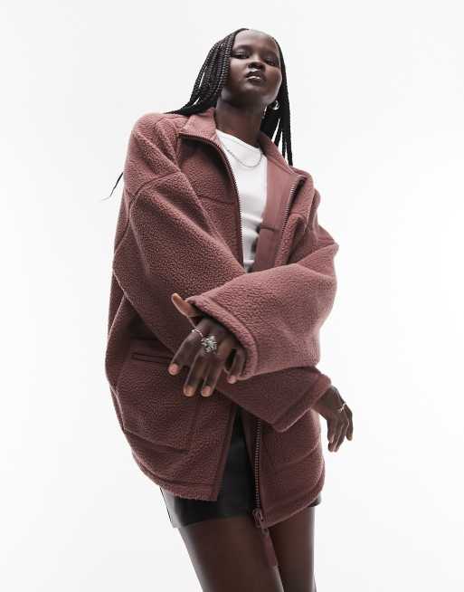 Topshop – Różowobrązowy polar z kożuszka zapinany na zamek, z kieszeniami