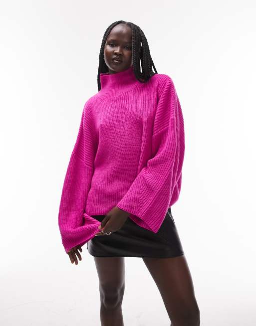 Topshop – Różowy dzianinowy sweter z golfem i obniżoną linią ramion z domieszką wełny