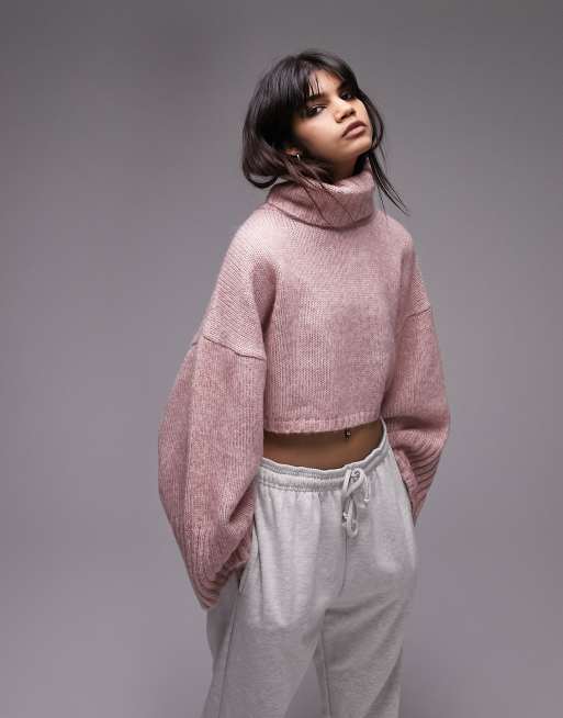 Topshop – Różowy krótki sweter dzianinowy z golfem, 2 z 4