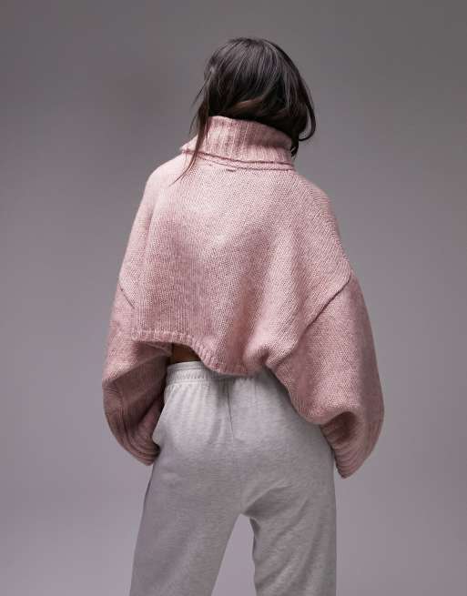 Topshop – Różowy krótki sweter dzianinowy z golfem, 4 z 4