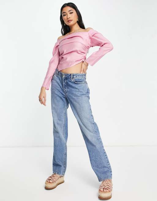 Topshop – Różowy lniany top z dekoltem typu bardot, 4 z 4