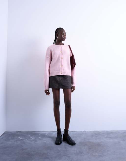 Topshop – Różowy luźny kardigan dzianinowy z wyeksponowanymi szwami