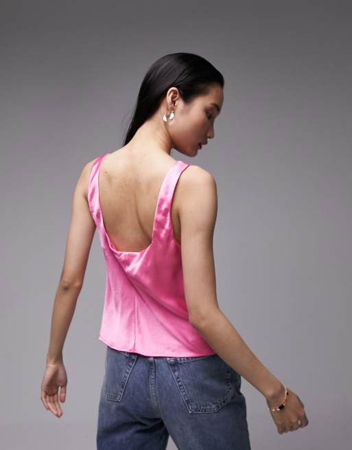 Topshop – Różowy satynowy top na ramiączkach z dekoltem karo, 2 z 4