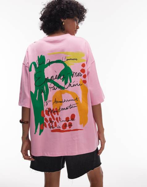 Topshop – Różowy T-shirt oversize z nadrukiem „Emmne-moi Paris“ - view 1