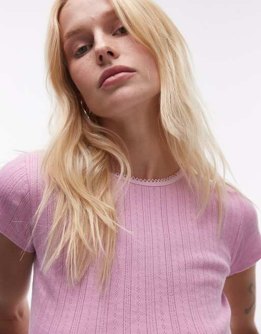 Topshop – Różowy T-shirt z dzianiny pointelle, 2 z 4