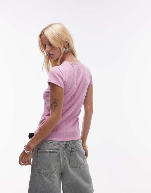 Topshop – Różowy T-shirt z dzianiny pointelle, 4 z 4