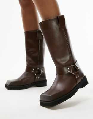 Topshop - Ruby - Biker-Stiefel aus hochwertigem Leder in Braun-Brown