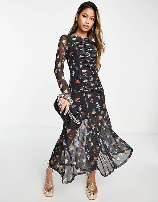  Topshop ruch front floral mesh midi dress 
