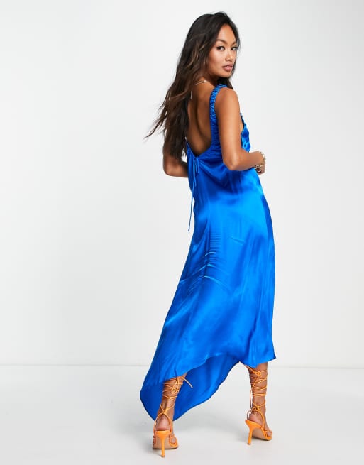 Topshop ruch front keyhole satin midi dress in cobalt blue