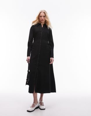 Topshop Ruch Side Midi Shirt Dress In Black Twill