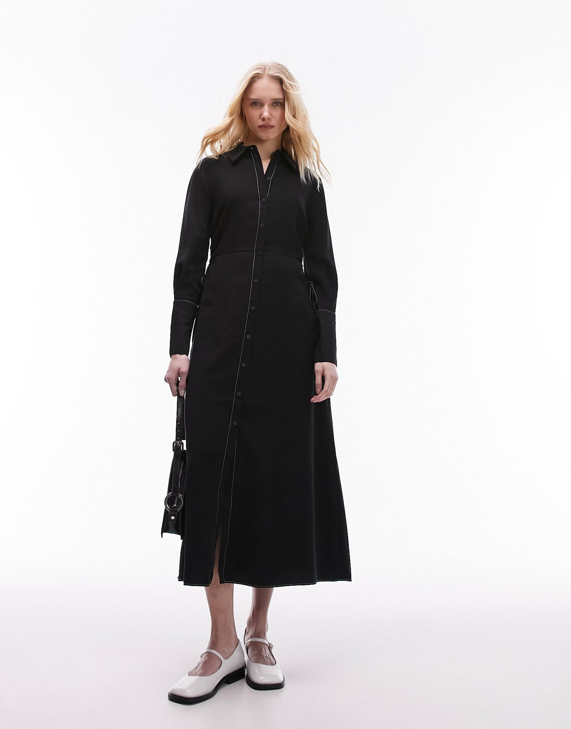 topshop ruch side midi shirt dress in black twill