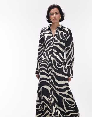 Topshop Ruch Side Midi Shirt Dress In Satin Mono Animal Print-multi