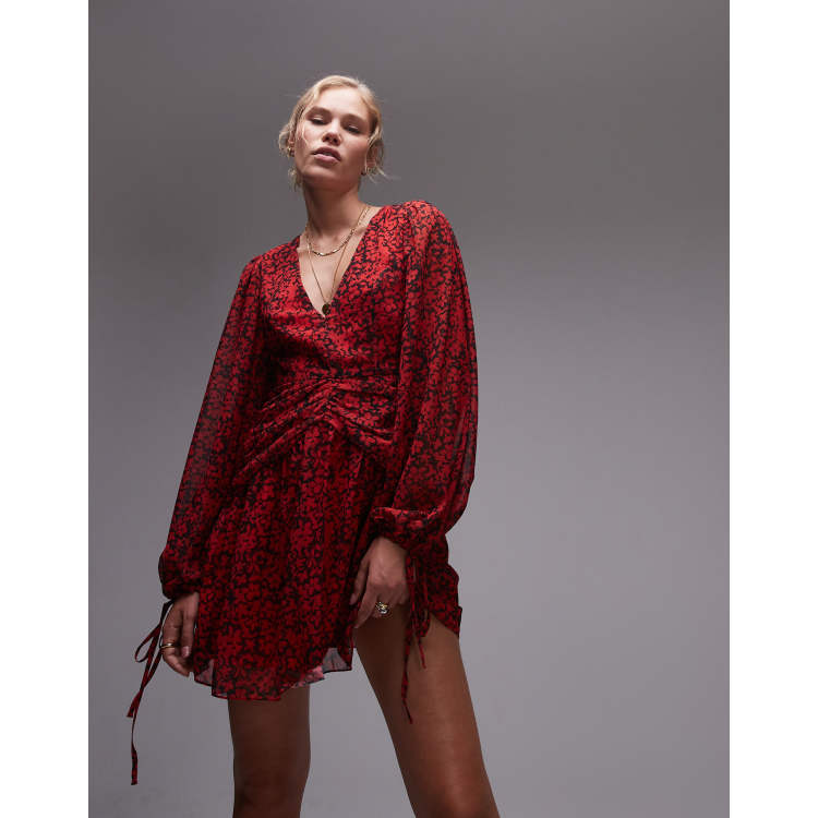 Topshop ruch waist v neck mini tea dress in red floral