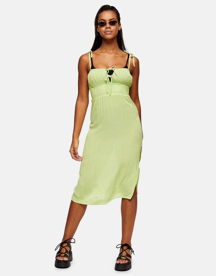Topshop Ruche Front Midi Beach Dress In Lime-green