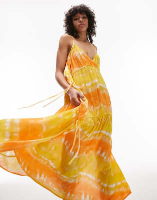 Topshop Ruche Tie Side Maxi Beach Dress In Orange And Yellow-multi