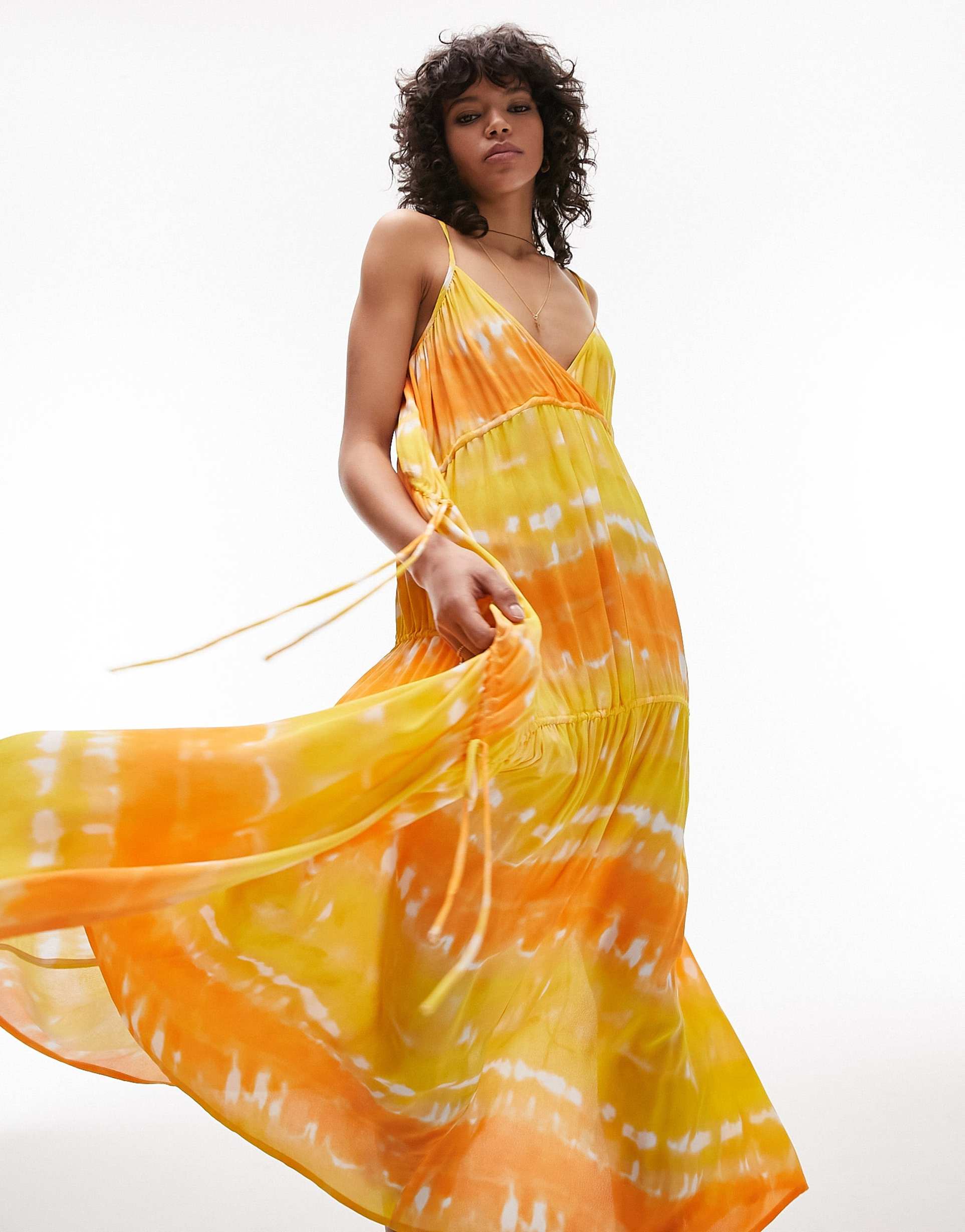 topshop ruche tie side maxi beach dress in orange and yellow