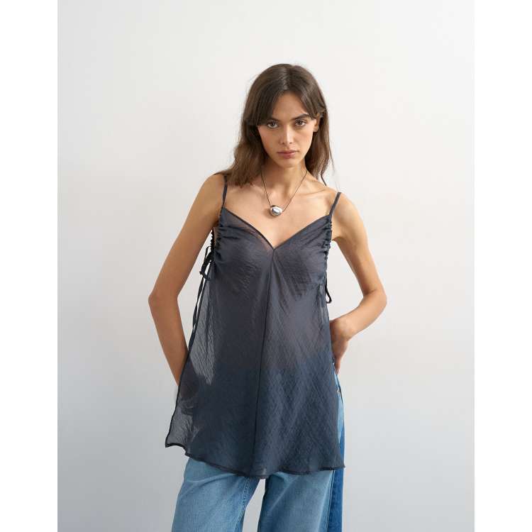Topshop ruched armholes side tie tunic in navy | ASOS