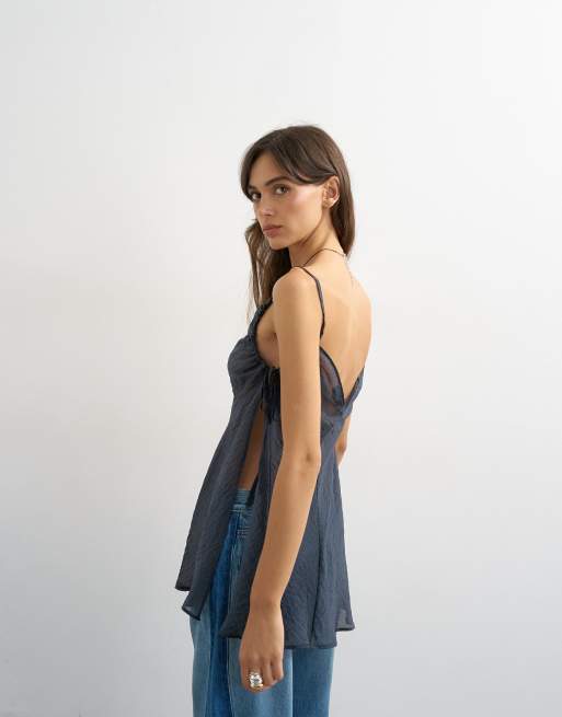 Topshop ruched armholes side tie tunic in navy, 4 of 4