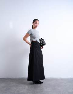 Ruched asymmetric midi skirt in black 