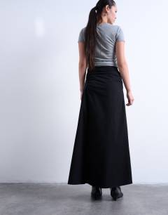Model wearing Ruched asymmetric midi skirt in black 