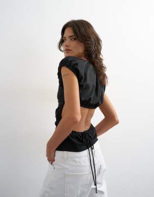 Topshop ruched back cut out top in black