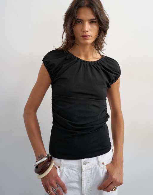 Topshop ruched back cut out top in black, 3 of 4