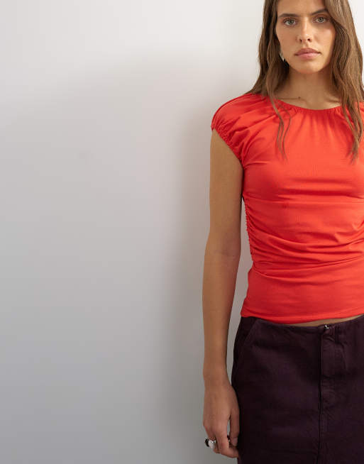 Topshop ruched back cut-out top in red, 4 of 4