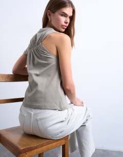 Ruched back one sleeve top in taupe