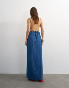 Model wearing Ruched backless maxi dress in rich blue