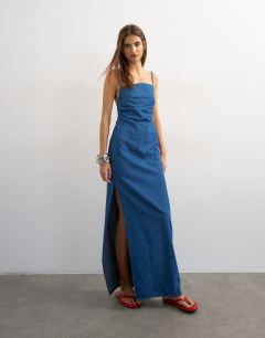 Model wearing Ruched backless maxi dress in rich blue
