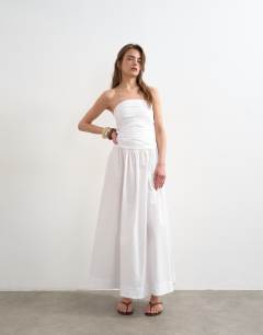 Ruched bandeau midi dress in white