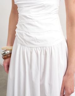 Model wearing Ruched bandeau midi dress in white