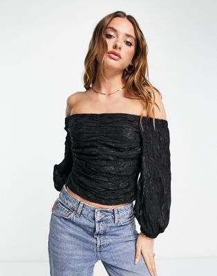 Topshop ruched bardot top in black