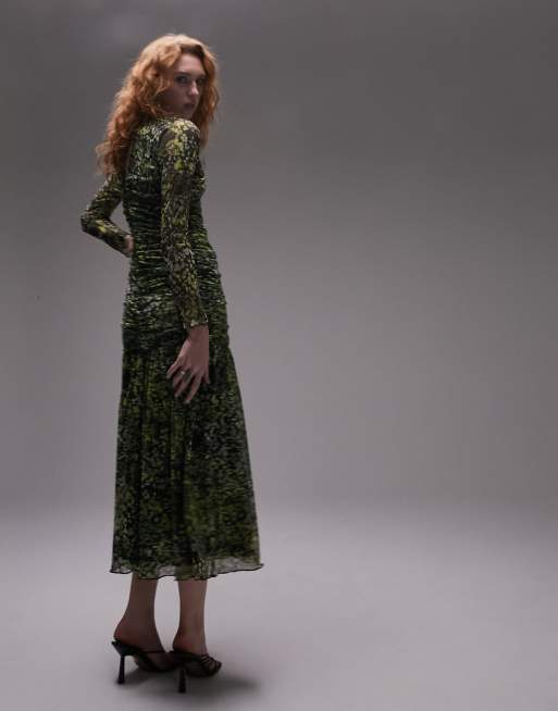 Topshop ruched body long sleeve printed midi in multi floral in green