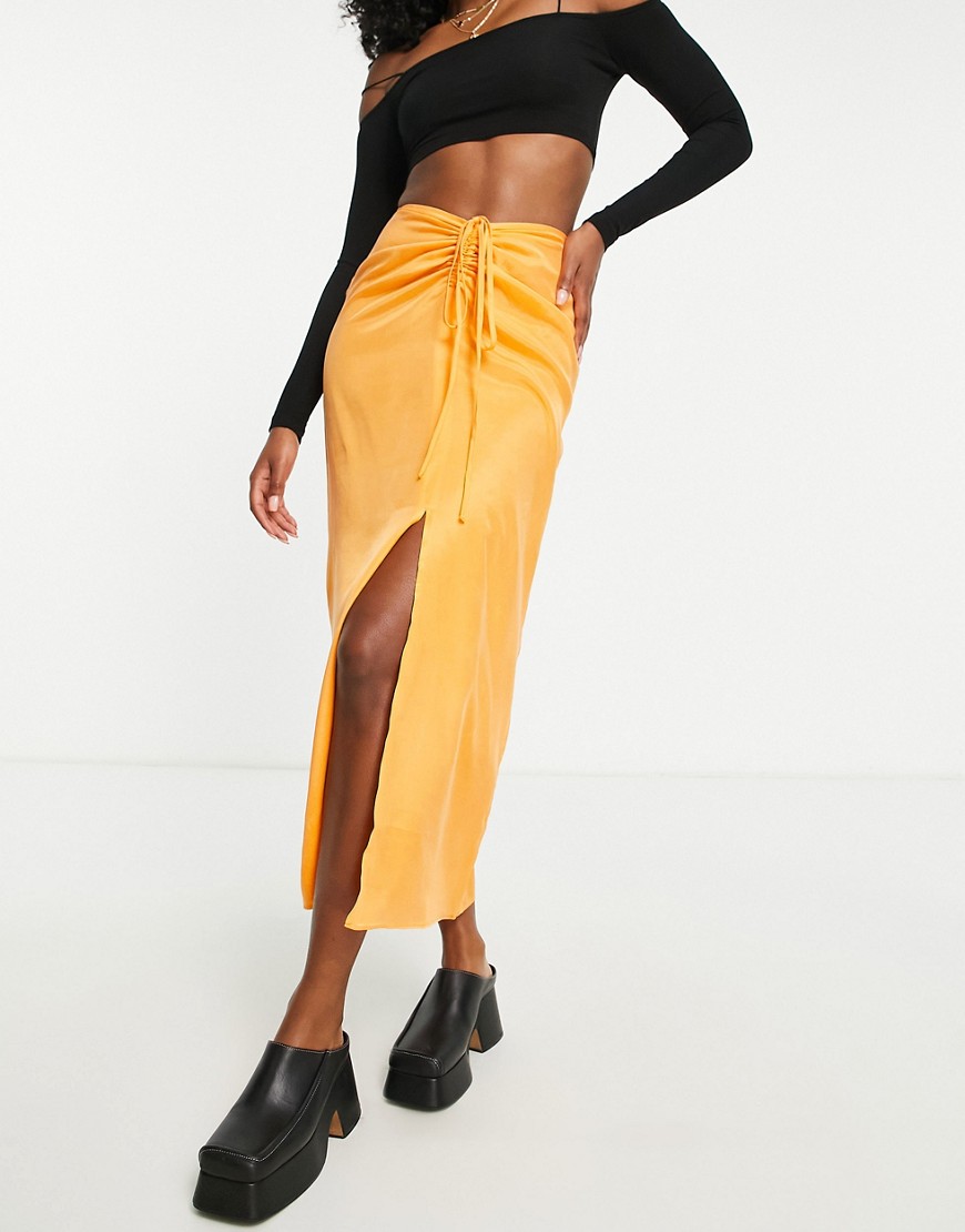 Topshop ruched channel waist midi skirt in orange
