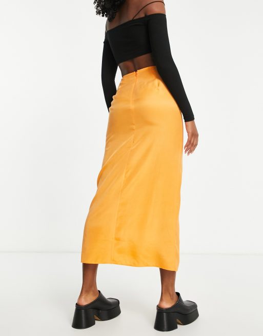Topshop ruched channel waist midi skirt in orange, 2 of 4