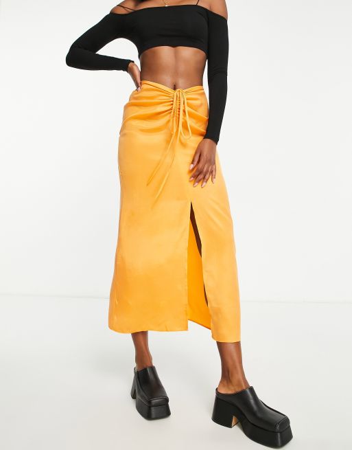 Topshop ruched channel waist midi skirt in orange, 3 of 4