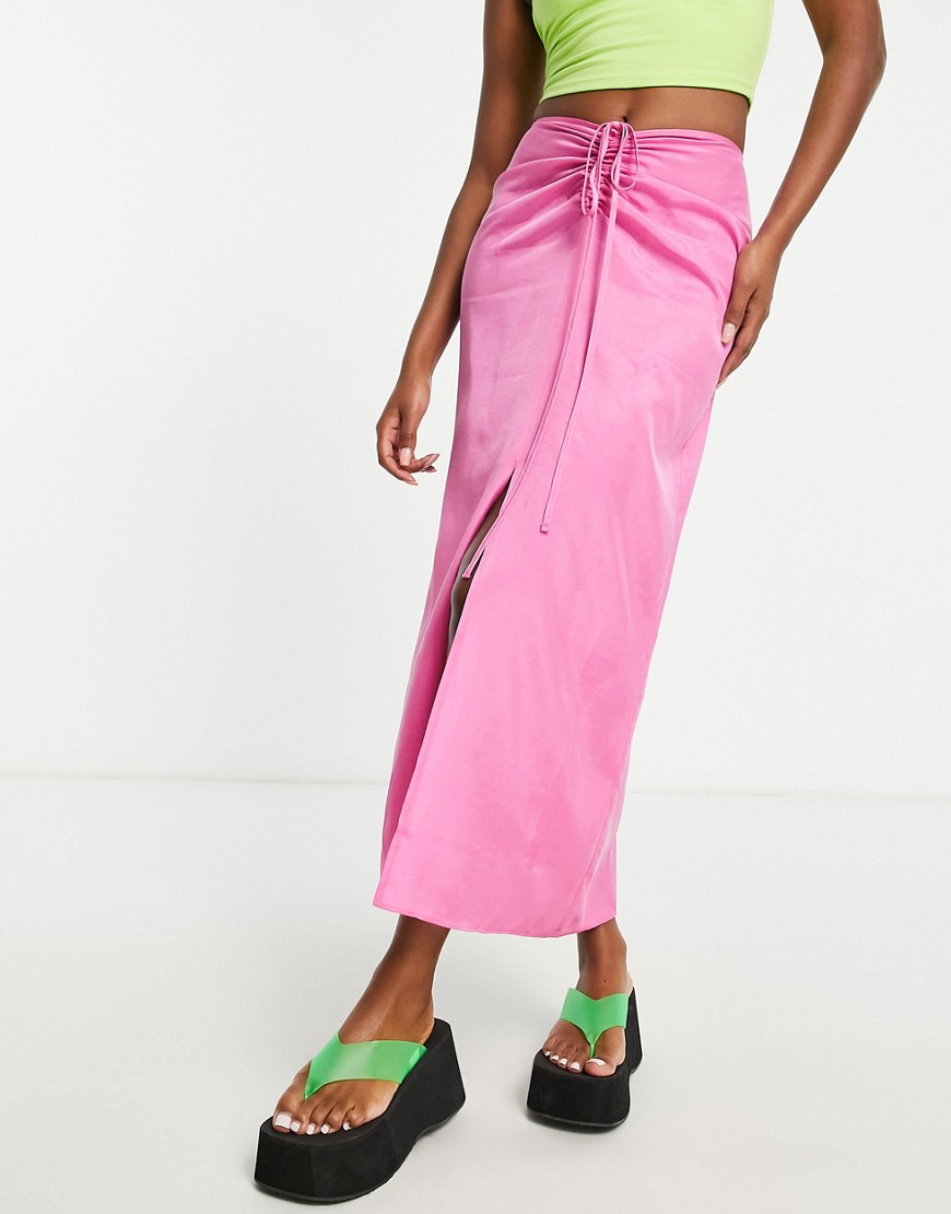 Topshop ruched channel waist midi skirt in pink