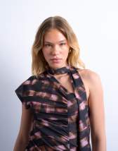 Topshop ruched check print scarf detail asymmetric hem top in chocolate